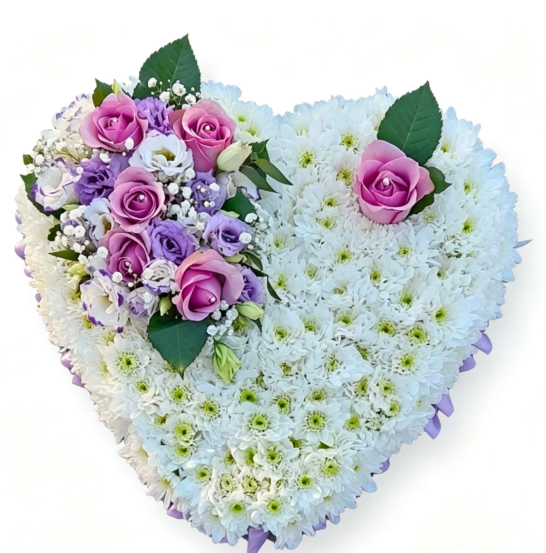 White, pink and lilac heart-shaped funeral tribute