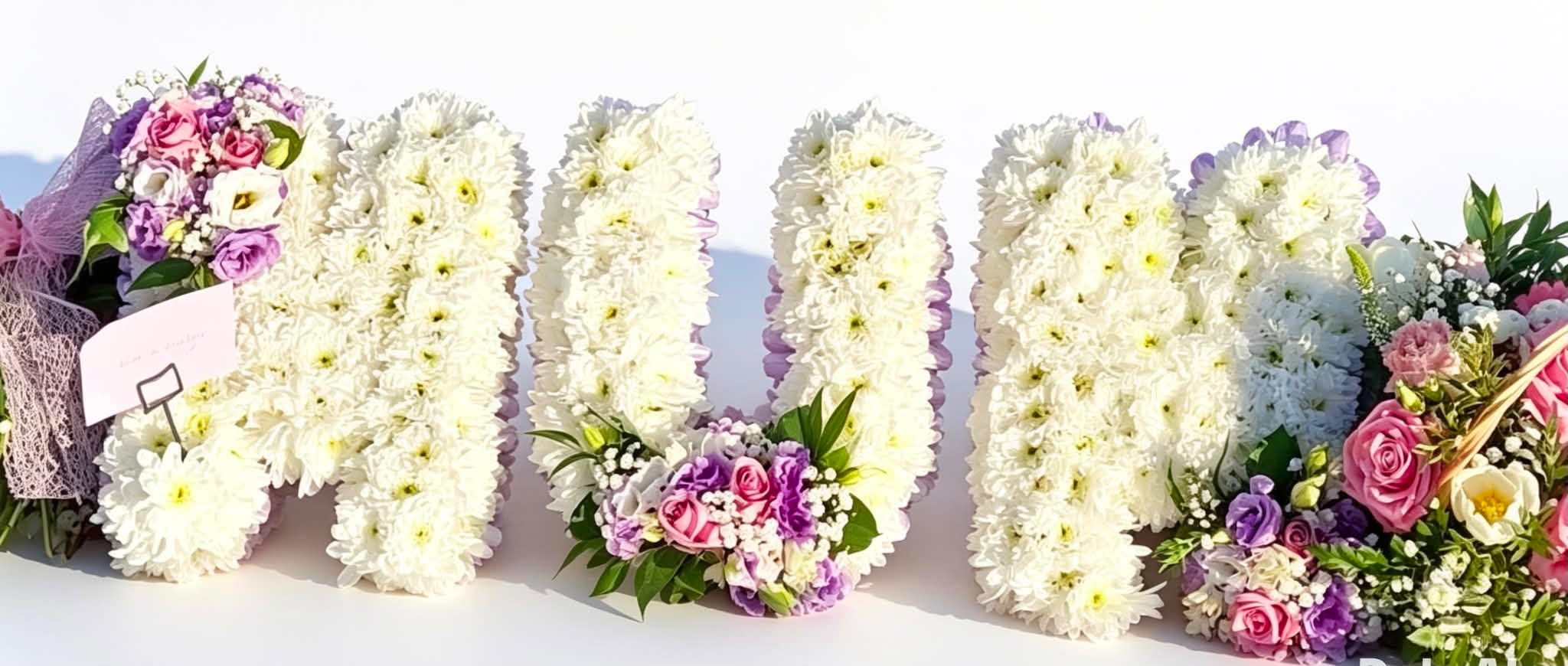 Floral MUM letter tribute in white, pink and lilac